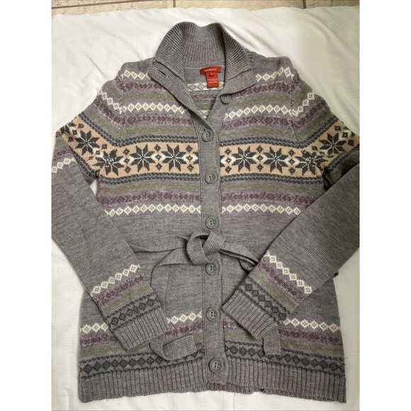 Sundance Faire Isle 100% Merino wool sweater Gray Button-Down Belted Cardigan Lg - Picture 1 of 7